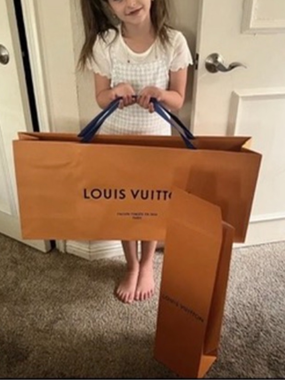 Louis Vuitton Orange Shopping Bag with Blue Handles